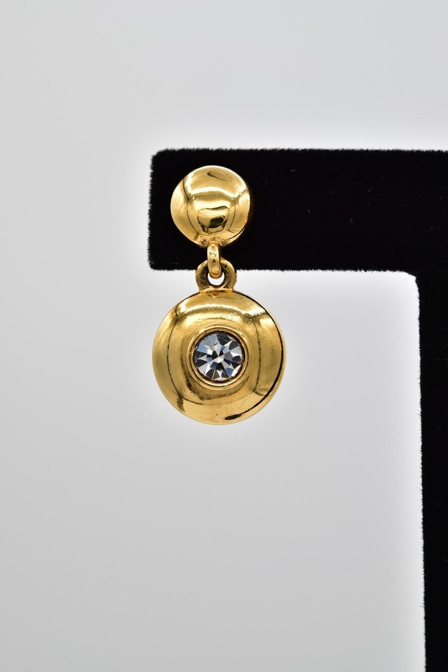 Vintage Gold Rhinestone Crystal Disc Dangle Earrings Round Statement 1990s Bin5
